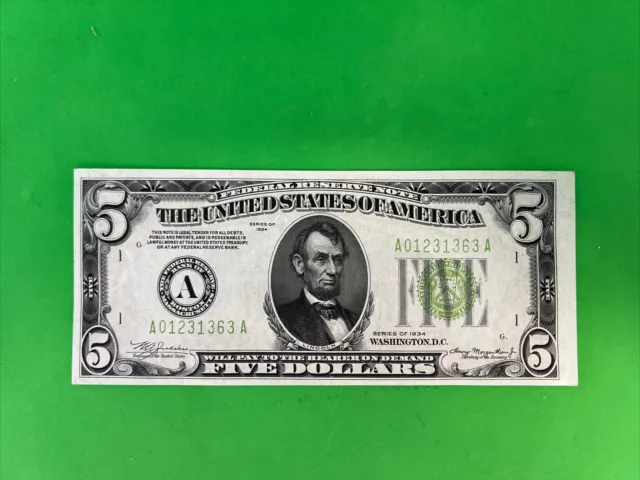 Unc 1934 $5 Lgs Frn Light Green Seal Federal Reserve Note Paper Money(N63)