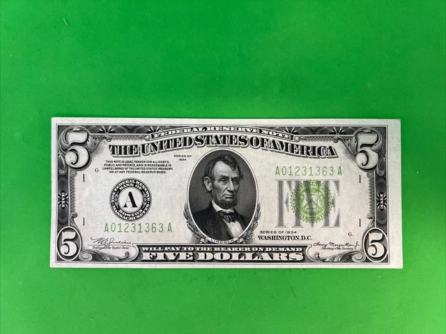 Unc 1934 $5 Lgs Frn Light Green Seal Federal Reserve Note Paper Money(N63)