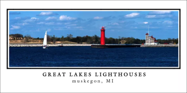 Poster Panorama Great Lakes Lighthouse Muskegon Panoramic Fine Art Print Photo