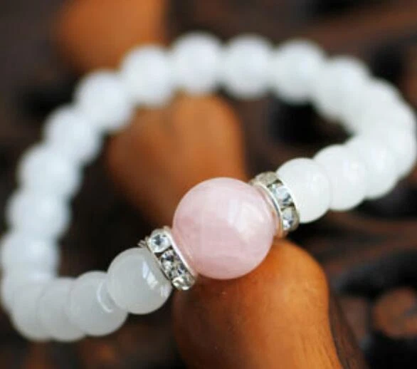 8mm White jade Bracelet yoga Handmade energy 7.5inches Reiki Wrist Lucky