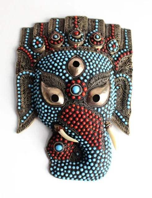 Ganesha Mask Turquoise & Coral Inlaid Hand Crafted Beautiful Wall Hanging