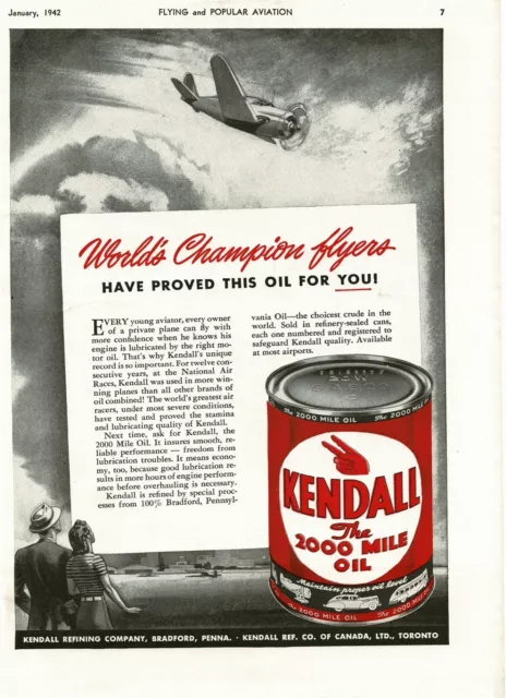 1942 KENDALL 2000 Mile Oil World's Champion Flyers art Vintage Print Ad