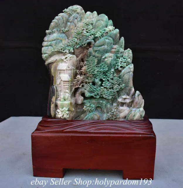 12.2" Chinese Natural Dushan Jade Carved Mountain Tree House Figure Statue Y