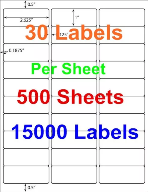 500 Sheets 30 Per Sheet Address Shipping Labels 1" x 2 5/8" Self Adhesive 30-UP