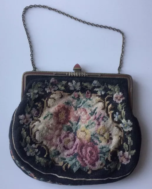 Vintage Floral Needlepoint Tapestry Bag, ca 1920s