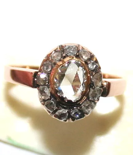 ANTIQUE VICTORIAN FRENCH 18k GOLD 1.00ct ROSE CUT DIAMOND OVAL FLOWER RING c1880