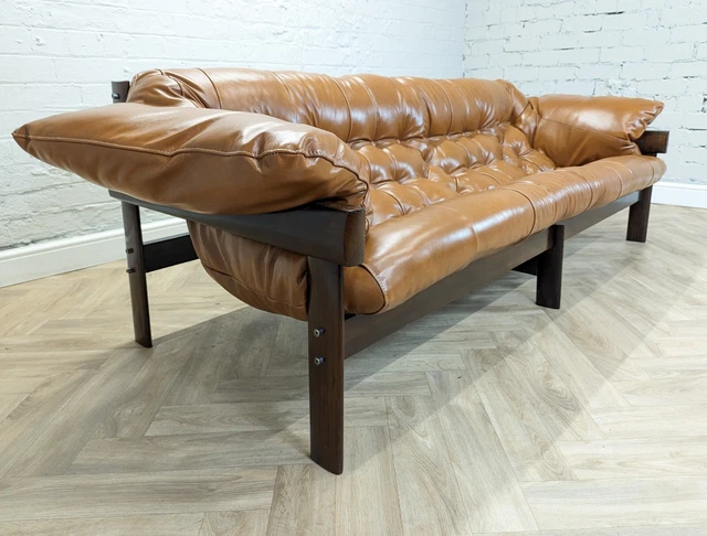 Mid-Century Vintage Brazilian Tan Leather 3 Seater MP-41 Sofa by Percival Lafer 2
