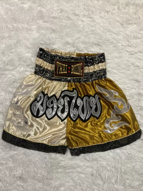 Thai Boxing Short Muay Size Large Silver Gold Embroidered MMA Boxing Fighting