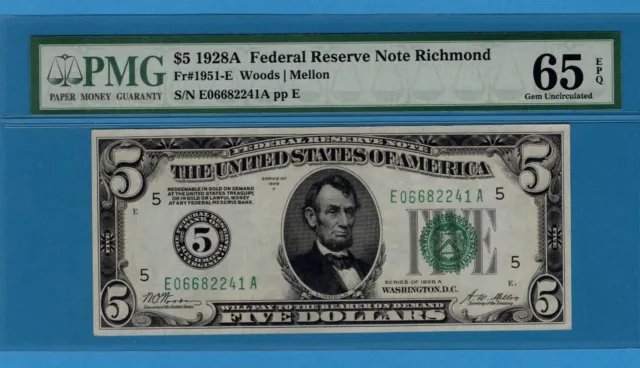 Fr. 1951-E 1928A $5 Federal Reserve Note Richmond PMG Gem Uncirculated 65 EPQ