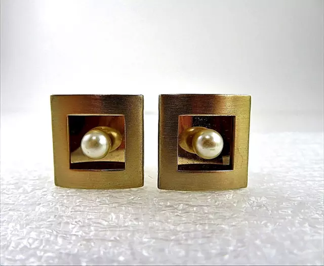 Signed ANSON Cufflinks Mid Century Modern Brushed Gold Tone W/ Simulated Pearl