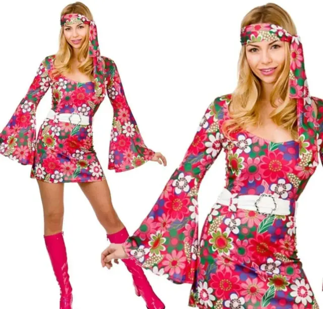 Ladies Retro Go-Go Hippie Flower Print Women's Fancy Dress Costume Hippy
