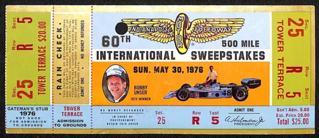 1976 Indy 500 Bobby Unser Tower Terrace Ticket Stub - Ron Burton Estate