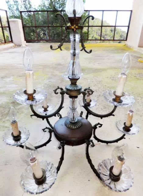 KRONLEUCHTER KERZEN LÜSTER DECKENLAMPE CHANDELIER GLAS BRONZE KUPFER antik alt