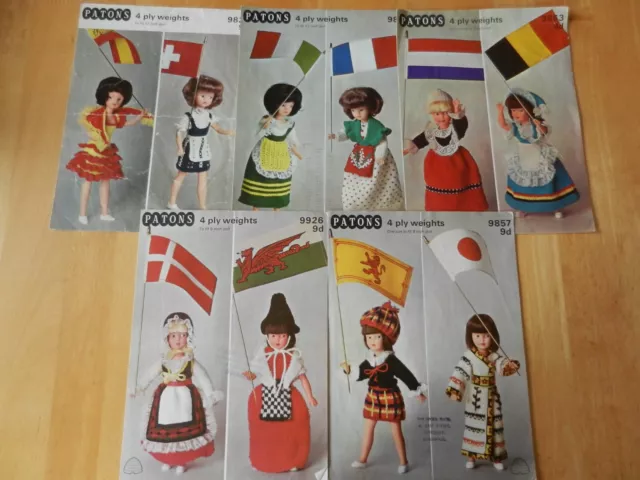 Bundle of 5 Vintage Patons Foreign Dress Dolls Clothes Knitting Patterns