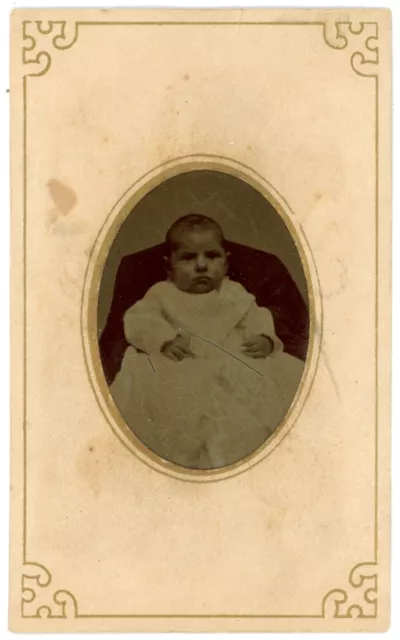 CIRCA 1860'S CDV Cartouche Hand Tinted TINTYPE Featuring Adorable Baby in Dress