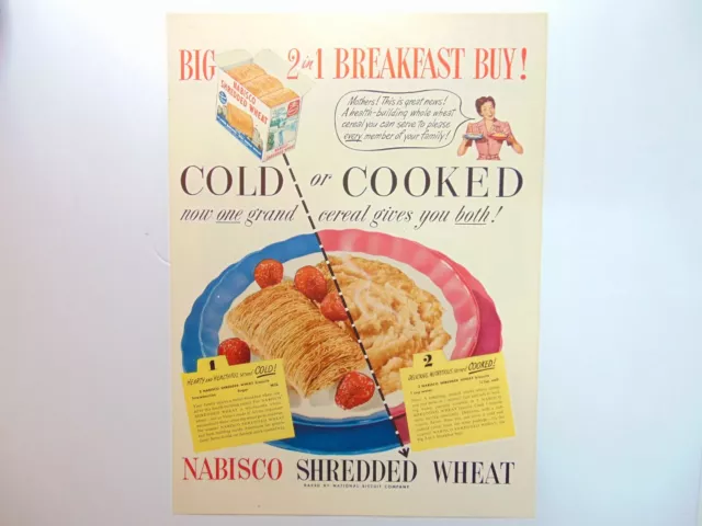 1949 NABISCO SHREDDED WHEAT 2 in 1 Breakfast Cold or Cooked vintage print ad