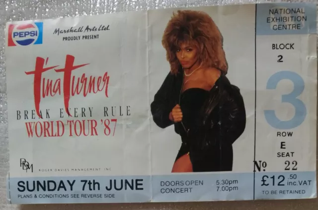 TINA TURNER RARE ORIGINAL CONCERT TICKET LIVE at NEC BIRMINGHAM 1987 UK TOUR