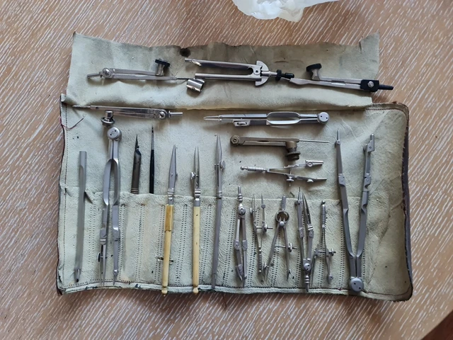 Rare Engineering Tools RARE LARGE VINTAGE Set of Drawing Instruments Tools In Leather Pouch ...