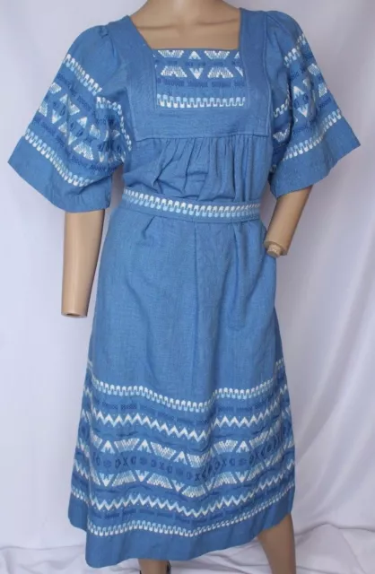 Vtg Blue Embroidered Guatemalan Ethnic Patio Day Muu Muu Festival Boho Dress S M