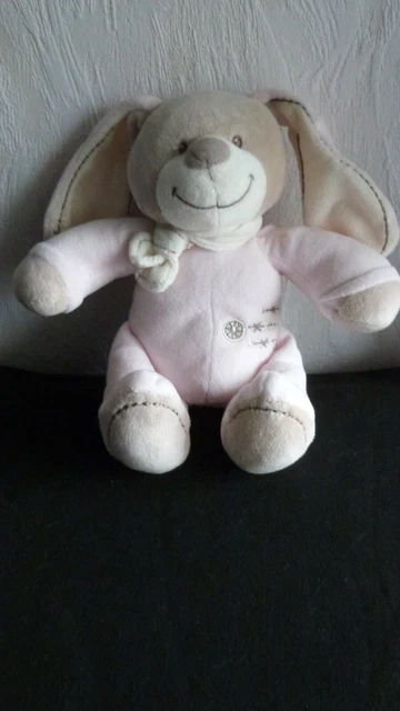 doudou peluche  nicotoy  lapin echarpe ,roue  croix  rose beige