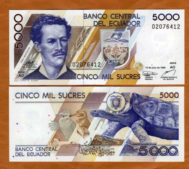 Ecuador, 5000 (5,000) Sucres, 12-7-1999, P-128 AO-Serie UNC Obsolete Pre-USD$