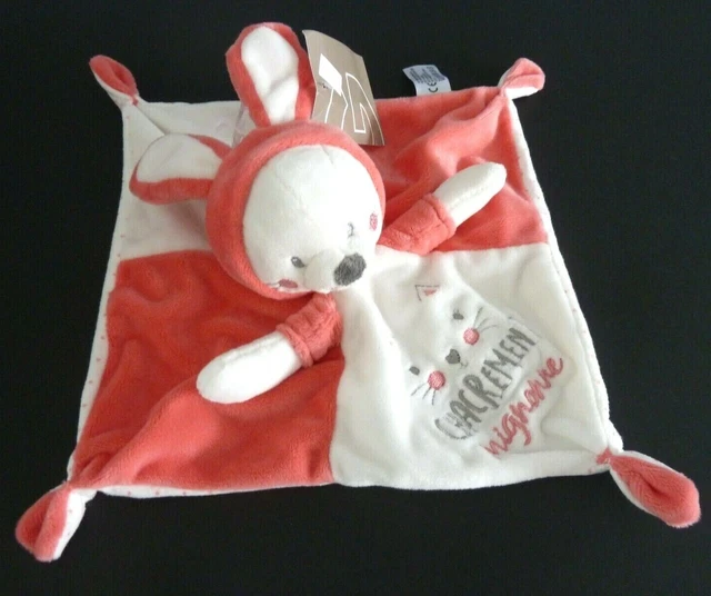 D1. Doudou Plat Simba Chat Lapin Rose Blanc Pois Motif Chacrement Mignonne Neuf