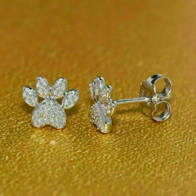 1Ct Round Lab Created Diamond 10K White Gold  Dog Paw Print Stud Earrings