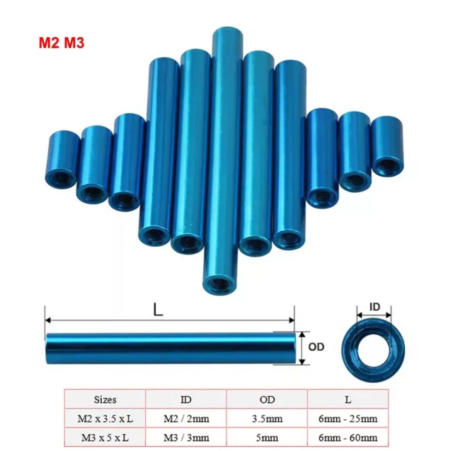 Sky Blue M2 M3 Aluminum Round Threaded Sleeve Standoff Pillar Long Nut Connector
