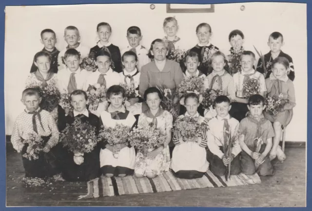 Beautiful girls and boys, schoolchildren with flowers Soviet Vintage Photo USSR