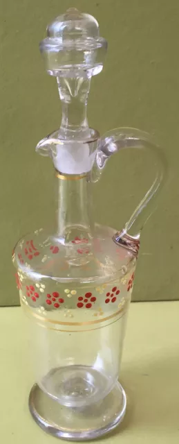 Flacon Carafe A Liqueur Avec Anse Verre Souffle Motif Emaillé Sur Pied Art Deco