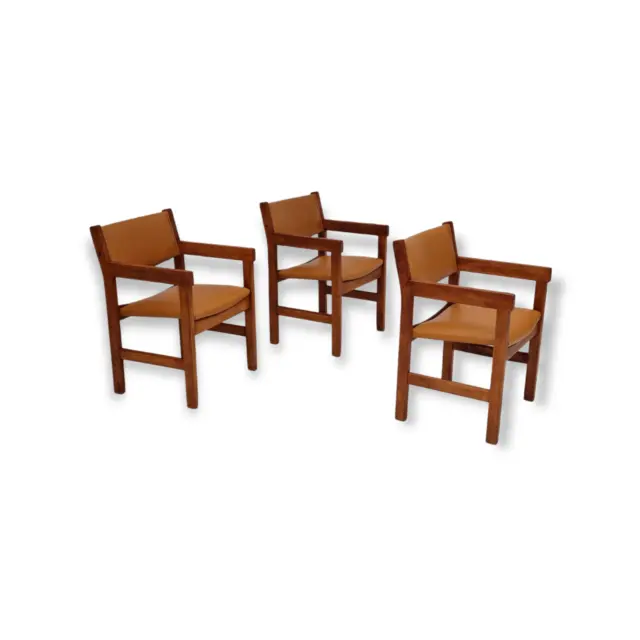 60s, Danish design, H.J.Wegner, set of 3 armchairs, refurbished, leather, beech