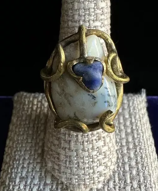 Vintage 1960's Mcm Groß Dendrite Opal Sodalith Handmade Hippie Messing Ring-Sz 7