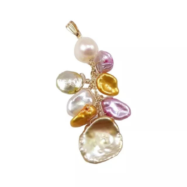 Solid 14K Yellow Gold Multi Color Pearl Dangle Pendant