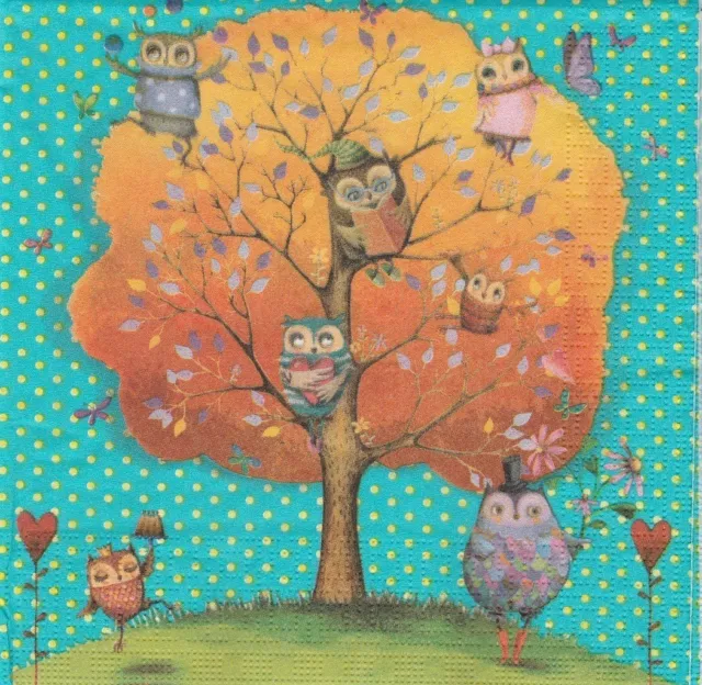 Lot de 4 Serviettes en papier Arbre Hibou Decoupage Collage