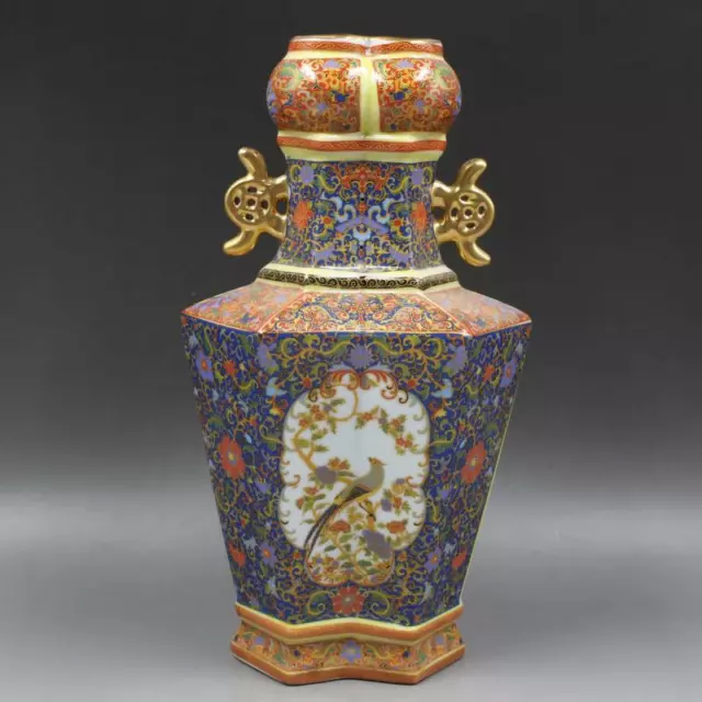 Chinese Colour Enamel Porcelain Qing Yongzheng Flower Bird Design Vase 10.8 inch