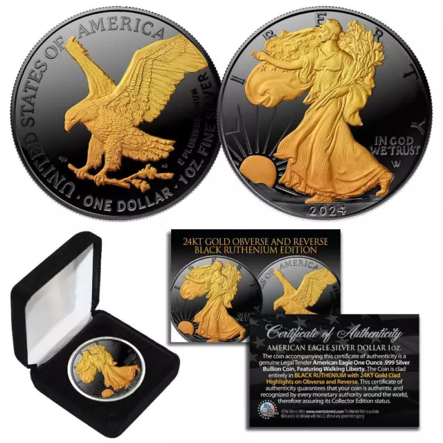 2024 BLACK RUTHENIUM 1 Oz 999 Silver American Eagle Coin 24K Gold Gilded 2-Sided