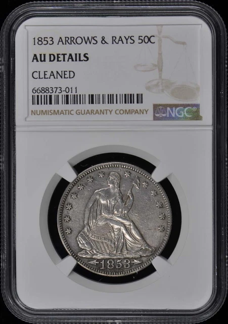 1853 ARROWS & RAYS Seated Libery Half Dollar 50C NGC AU Details