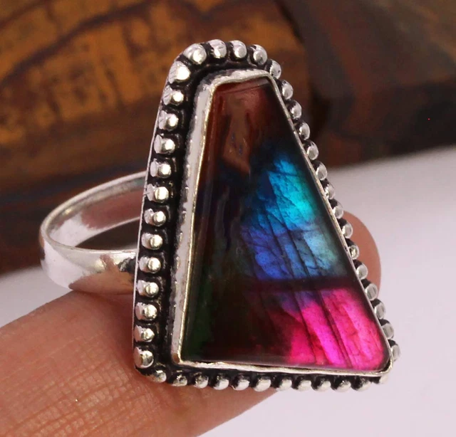 Color Boost Multi Fire Labradorite 925 Silver Plated Handmade Ring US Size 6.75