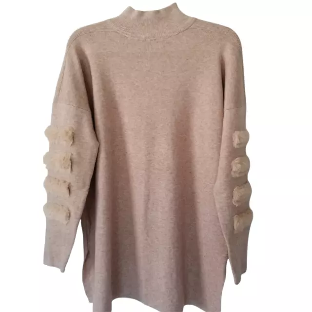 Cliche Womens Turtleneck Beige Tunic Sweater Small Oversized Fuzzy Arm Band New