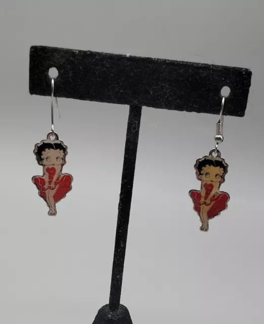 Vintage Betty Boop Red Dress Dangling Hook Earrings KFS/FS Hearst Silver Tone 1"