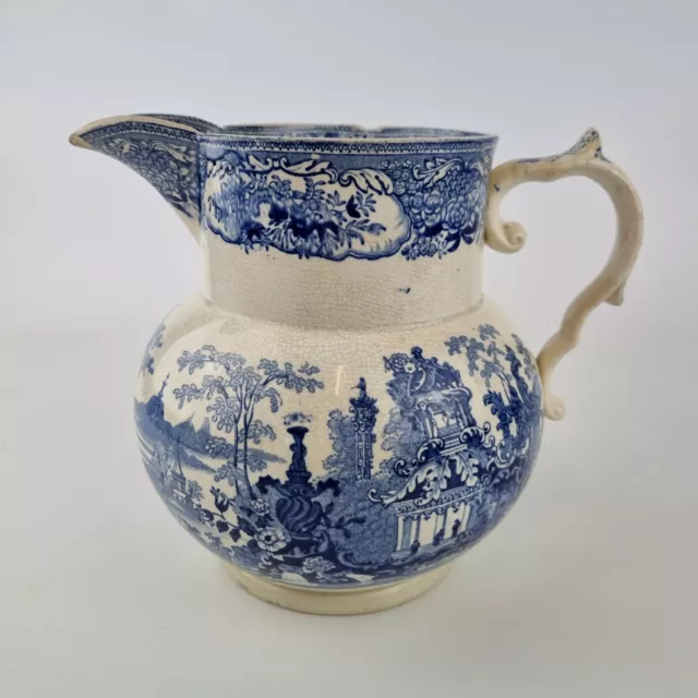 Antique 19th Century Blue And White Transfer Printed Water Jug Garden 18.5cm