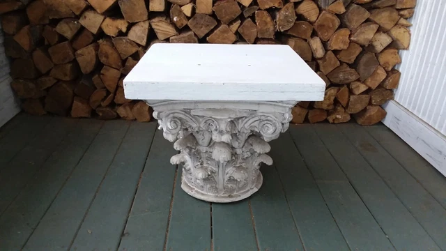 Vintage Plaster Corinthian Column Capital End Table Pedestal Stand, wood top