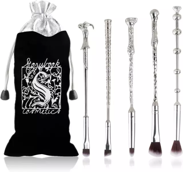 [5 PCS] Makeup Brush Set Metal, Silver Handle Wizard Wand Anime Collection for F