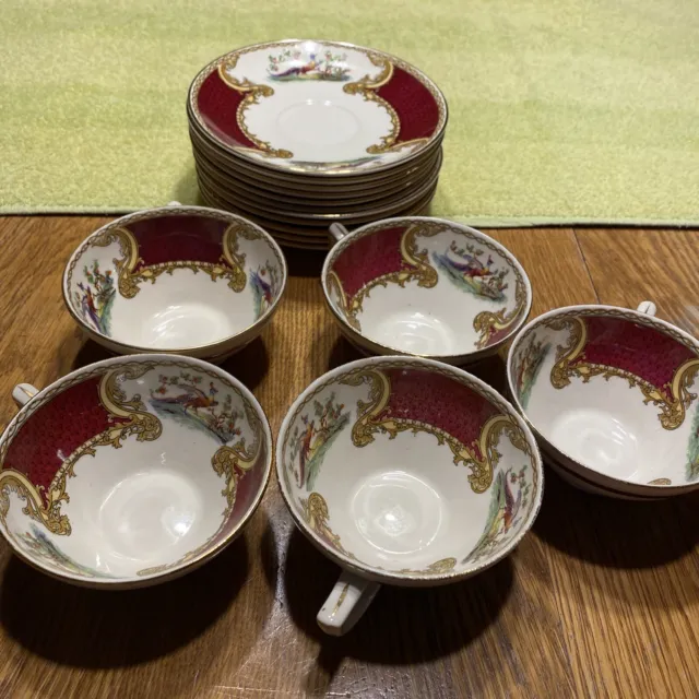 Royal Crown Myott Staffordshire ‘Chelsea Bird’ Red 5  Cups And 11 Saucers.