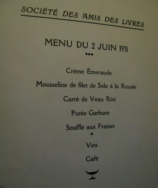 Menu originale - Societé des Amis des Livres/Restaurant Larue, 2 juin 1931