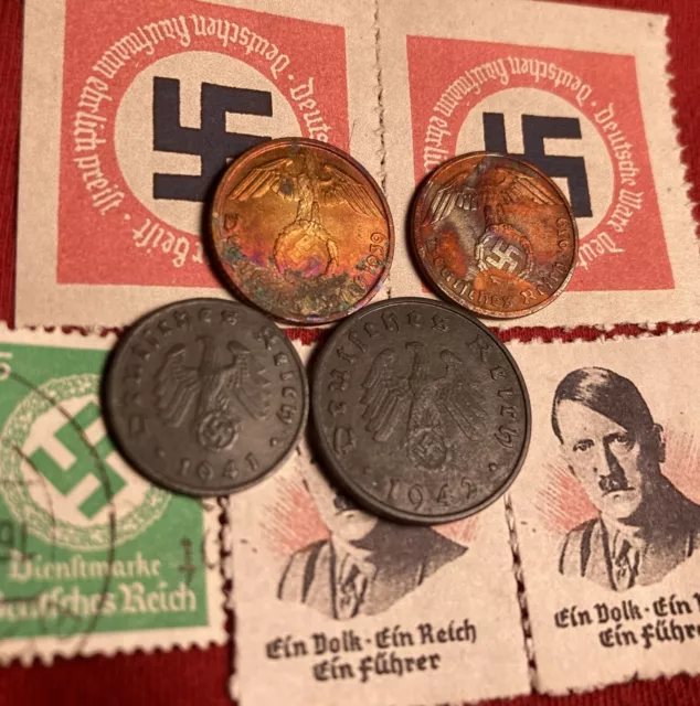 WW2 German Empire Reich Nazi Coin Lot Set Poster Stamps 1,5,10 Pfennig Rainbow