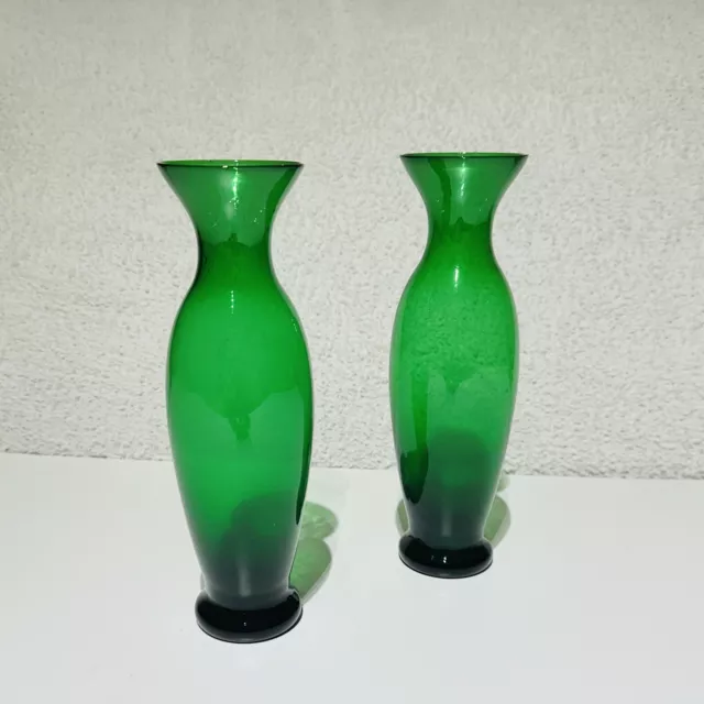 Vintage Set Of 2 Czech Glass Vases Emerald Green 1950’s MCM 20cm High