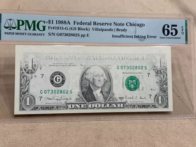 1988A $1 Dollar Bill Insufficient Missing Ink Error Note Paper Money Pmg 65 Epq