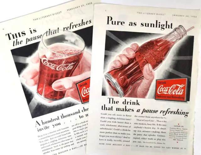 Coca Cola Coke Vintage 1932 Lot Of 2 Magazine Print Ads Soda Pop