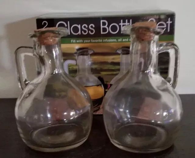 Two (2) Clear Glass ~ Bottle Set ~ Oil & Vinegar Jars with Cork Stoppers